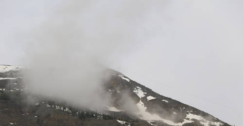 Jasper, Campground, Blick auf die Sky Tram im Nebel